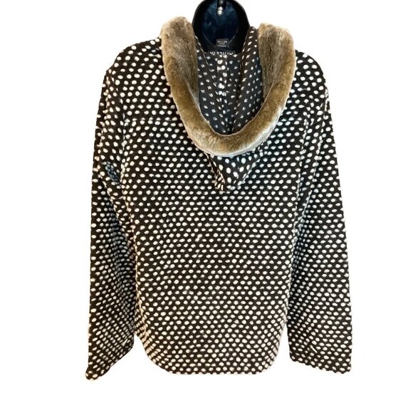 Athleta Black White Raised Dot Pullover Wool BlendHoodie with Faux Fur Trim Sz M - Picture 2 of 11